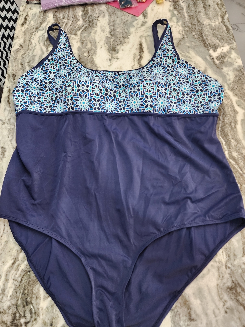 Navy Blue Patterned Yoke One-Piece Swimsuit 30W Like New
